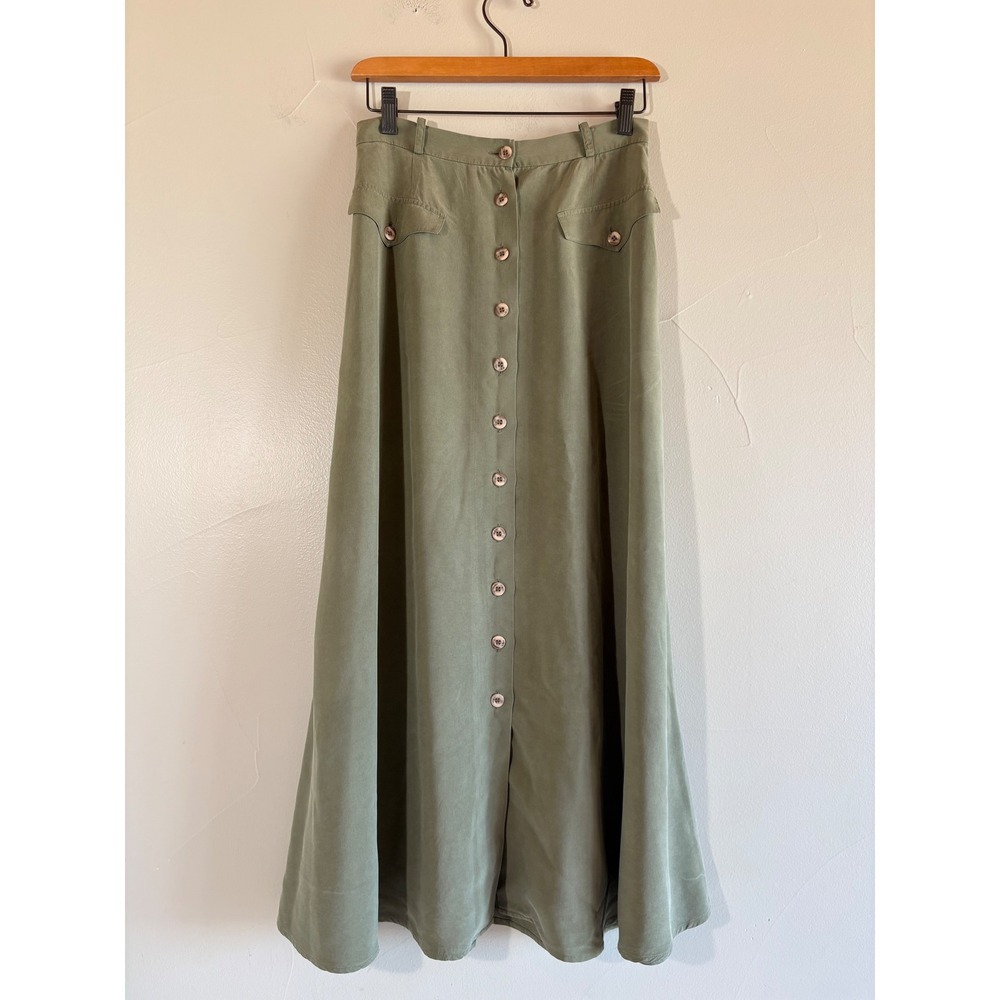 Vintage 100% Silk Utility Safari Maxi Skirt Sage Green Button Front Pockets SZ 6